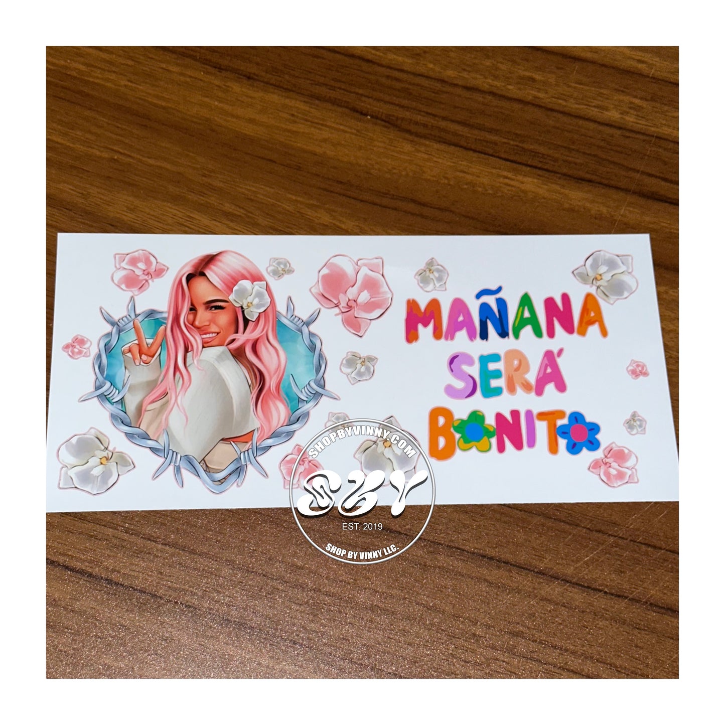 Pink Hair Manana Sera Bonito Flowers - 16oz Glass Beer Can Wrap - Printable Vinyl