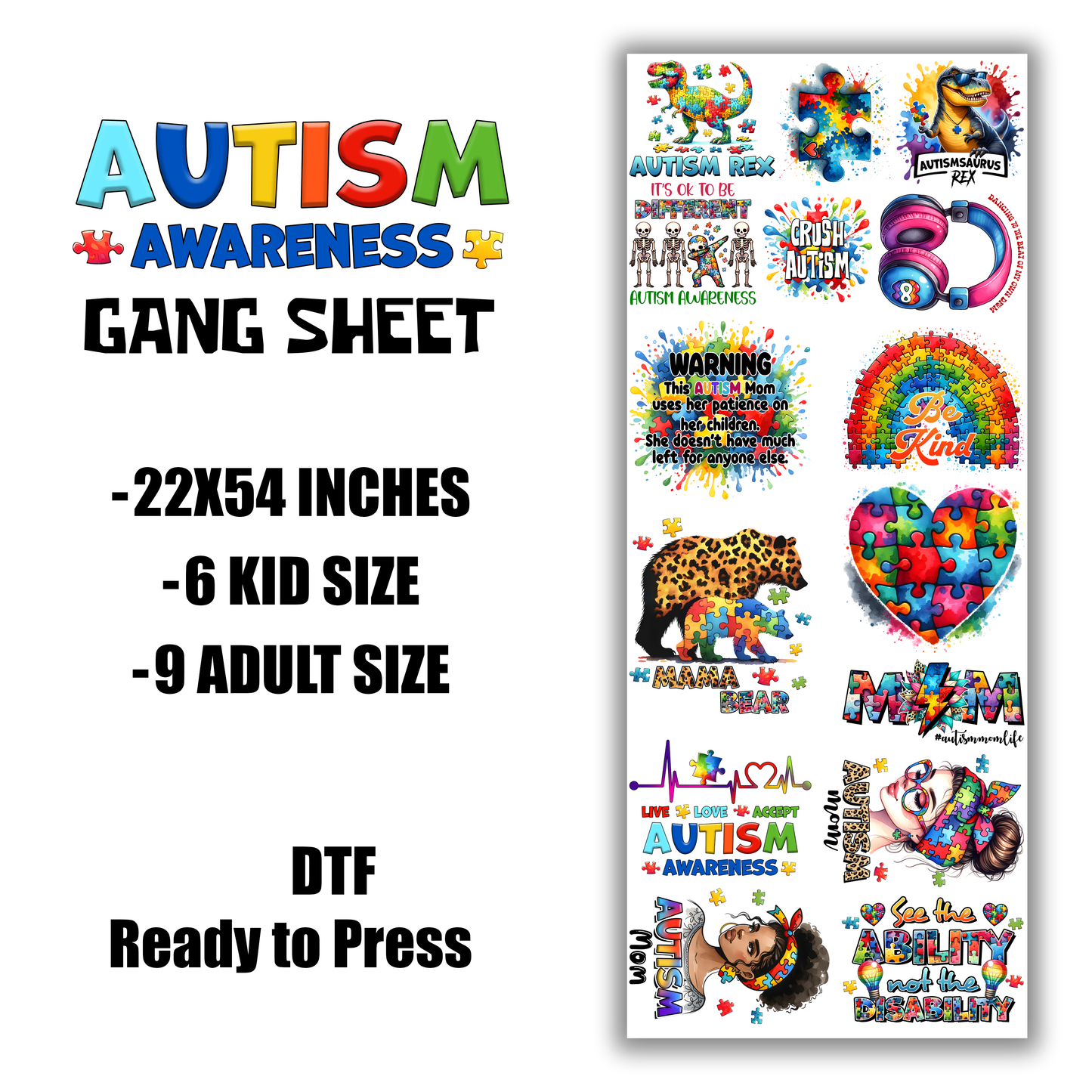 AUTISM AWARENESS - READY TO SHIP - DTF GANG SHEET