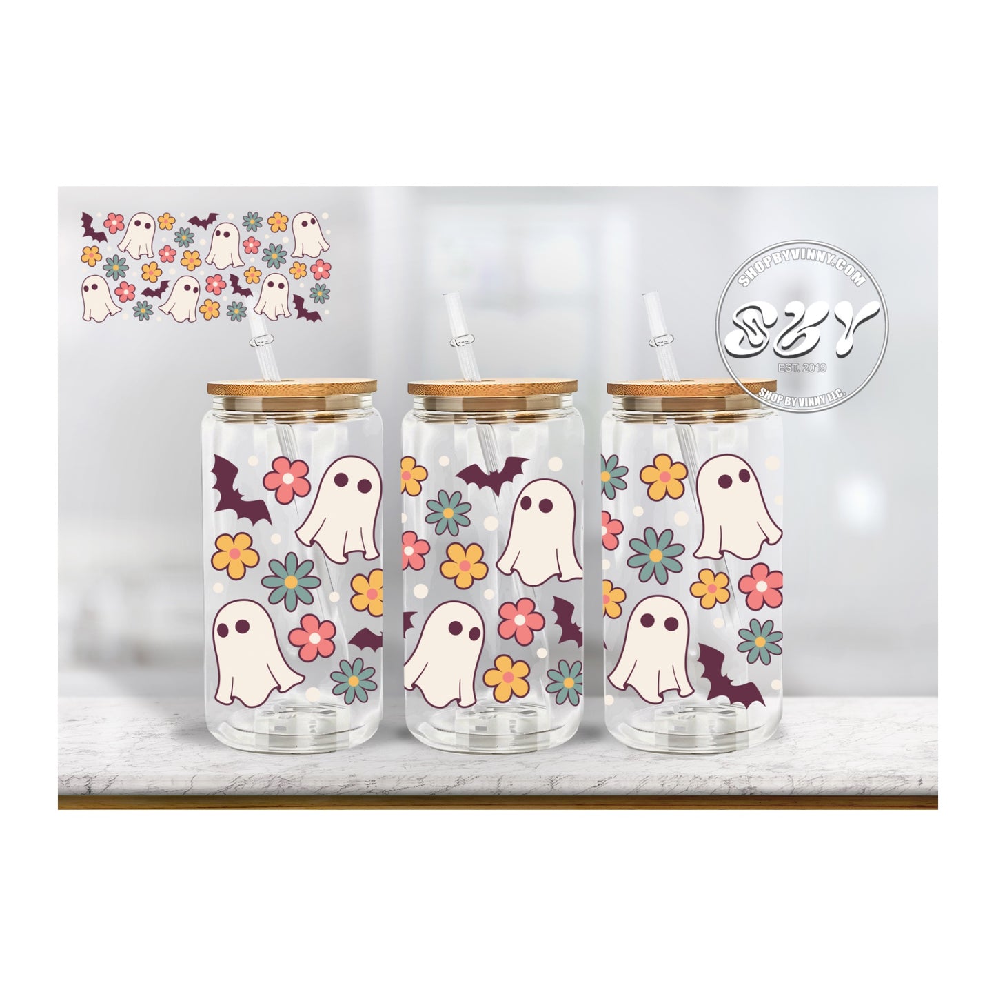 GHOST AND FLOWERS UV DTF - Libbey Glass Cup